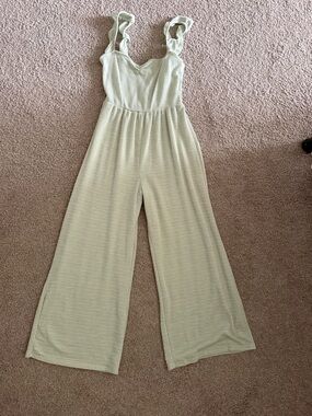 Caution To The Wind Light Sage Wide-Leg Jumpsuit with Ruffle Straps